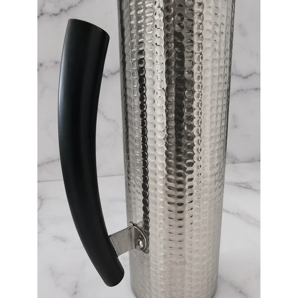 Vintage Hammered Stainless Steel Water Pitcher MCM Tall Ice Lip Black Handle‎